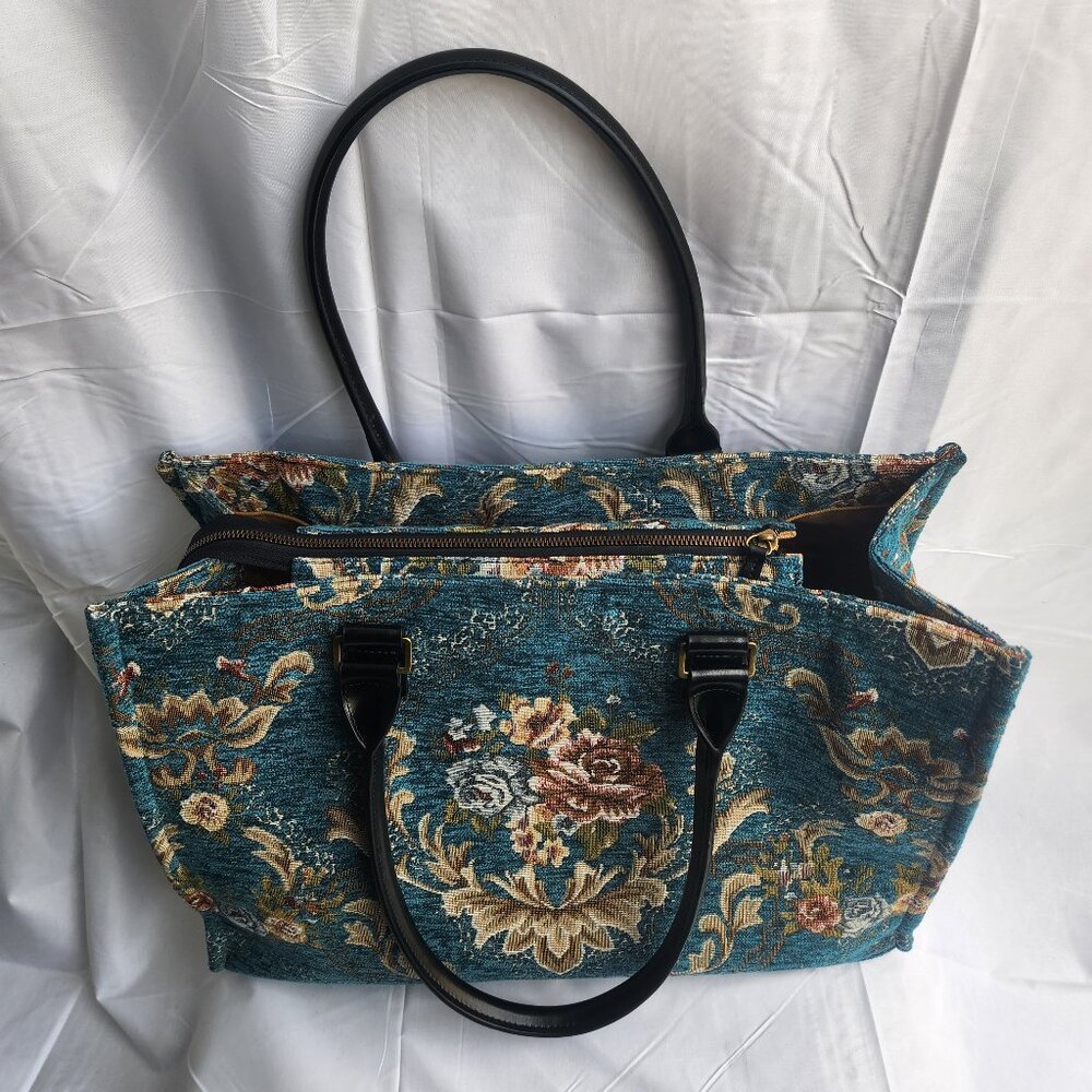 MCW Carpet Bag - Carpet Tote Bag - Laptop Work Tote - Shoulder Bag - Floral Teal - Picture 2 of 4